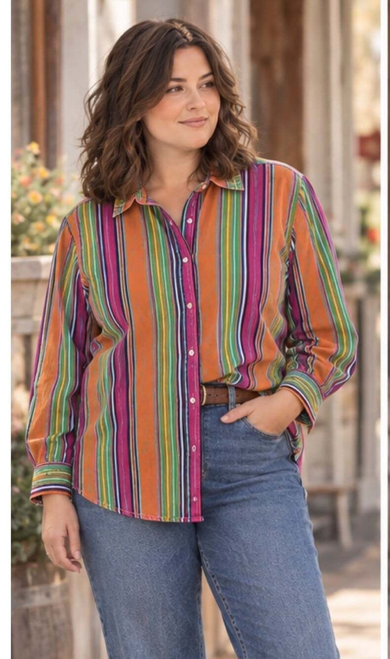 RALPH LAUREN Rainbow Stripe Long Sleeve Button Shirt Retro Western Country 14W
